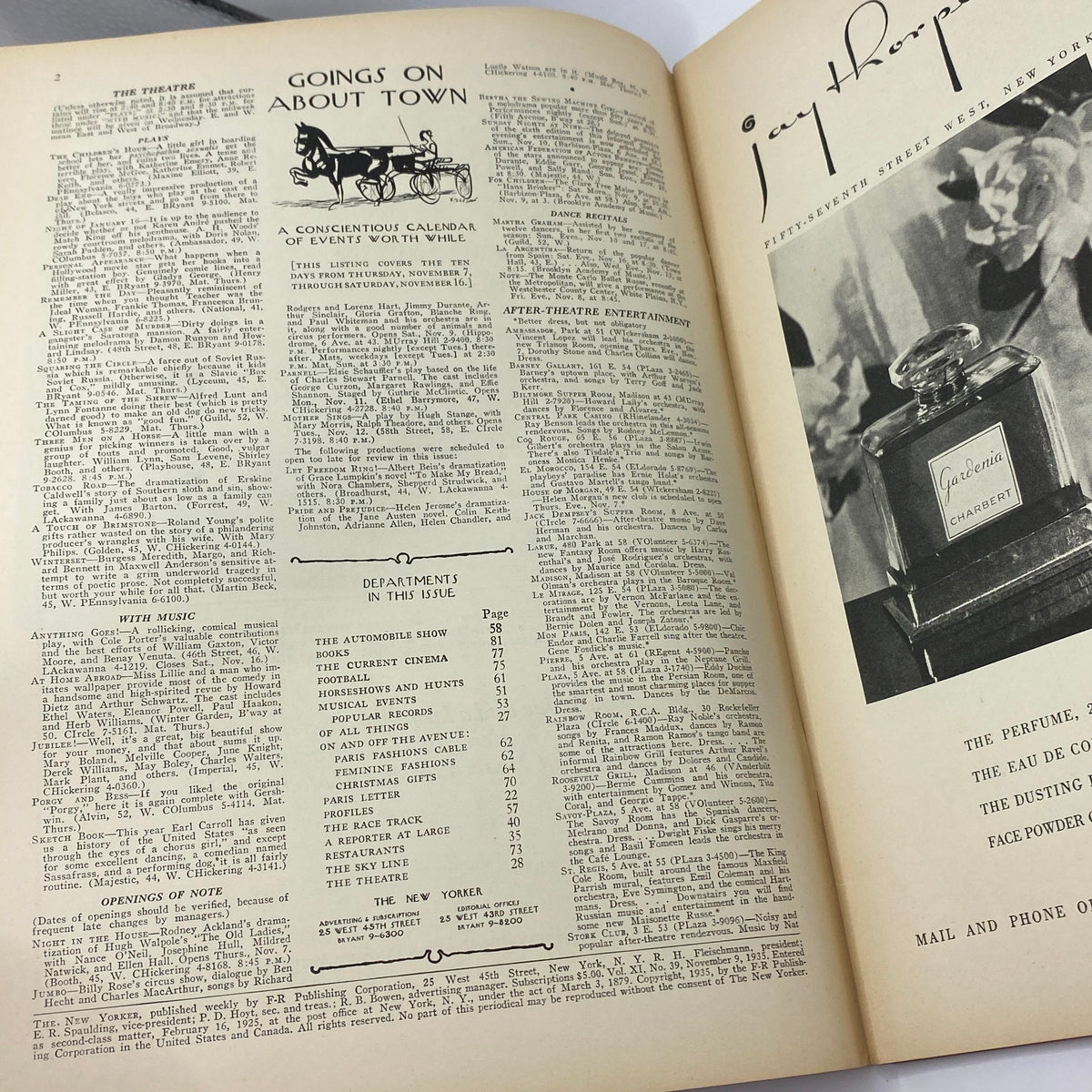 Interior page of The New Yorker complete magazine from November 9, 1935, featuring the 'Goings On About Town' section with event listings and advertisements, reflecting the cultural scene of the time.
