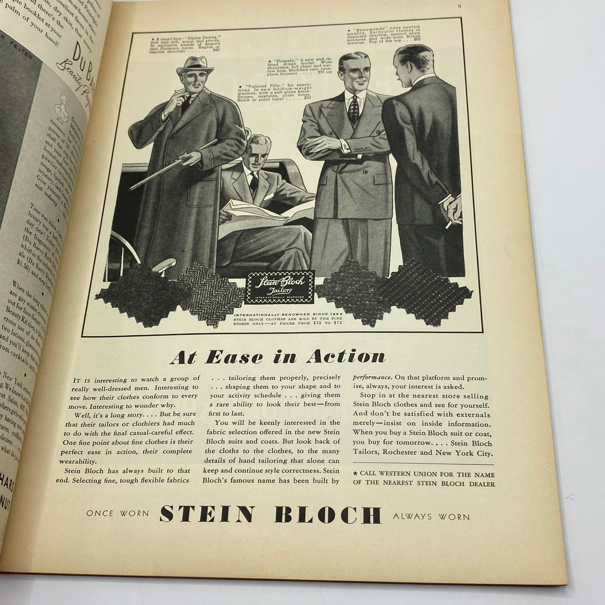 Interior page of The New Yorker complete magazine from November 9, 1935, showcasing an advertisement for Stein Bloch tailored suits with male models in fashionable attire, emphasizing style and elegance of the era.