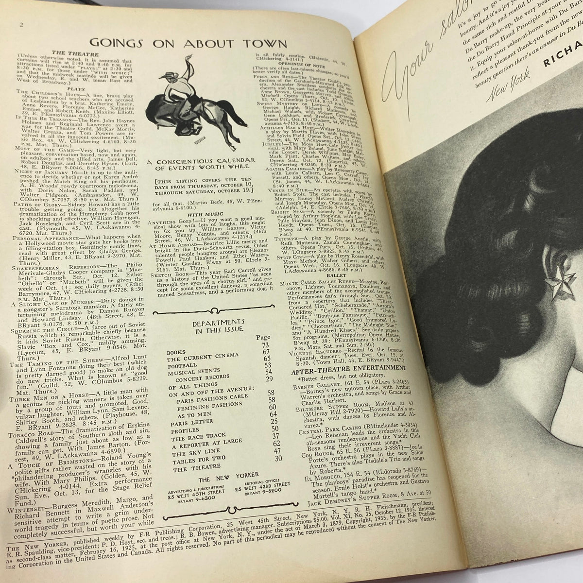 Interior page of The New Yorker magazine, October 12, 1935, featuring a calendar of events and theatre listings, alongside an advertisement for fashion and entertainment.
