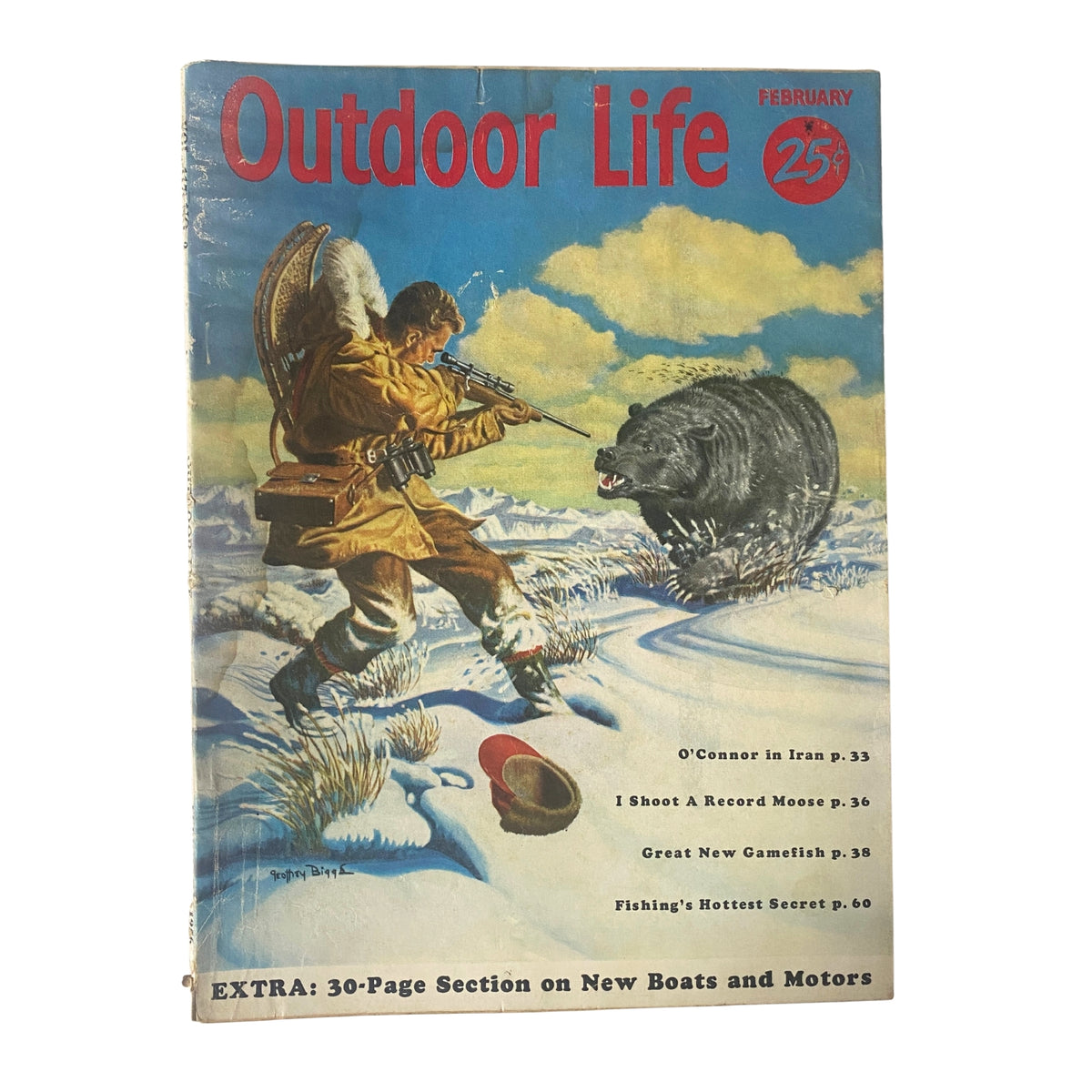 Cover of Outdoor Life Magazine February 1956 featuring a hunting scene with a bear and a hunter, painted by Geoffrey Biggs, showcasing the outdoor adventure theme.