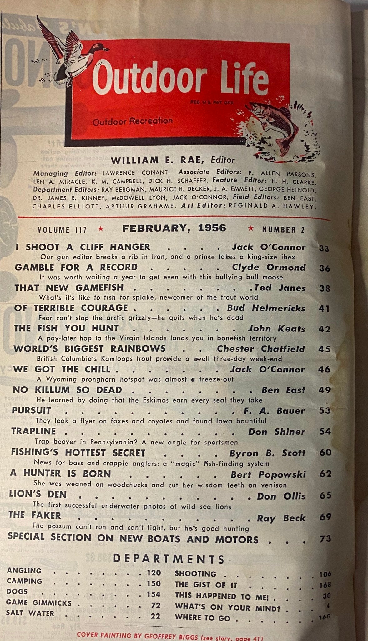 Table of contents for Outdoor Life Magazine February 1956, listing stories and articles including 'I Shoot a Cliff Hanger' and 'Gamble for a Record', highlighting the magazine's focus on outdoor recreation.