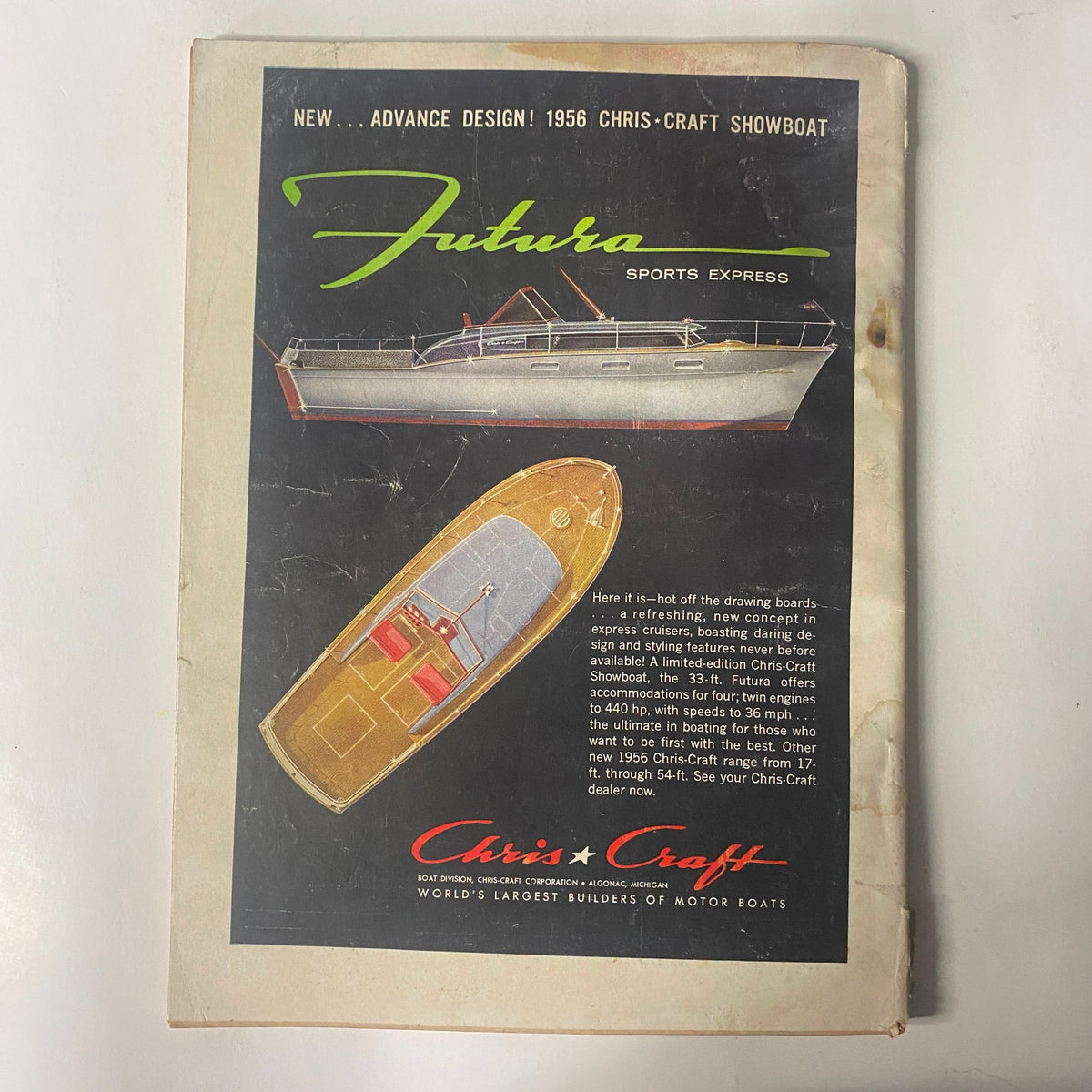 Back cover of Outdoor Life Magazine February 1956 advertising Chris-Craft Showboat, featuring boat designs and the company’s branding, complementing the outdoor lifestyle.