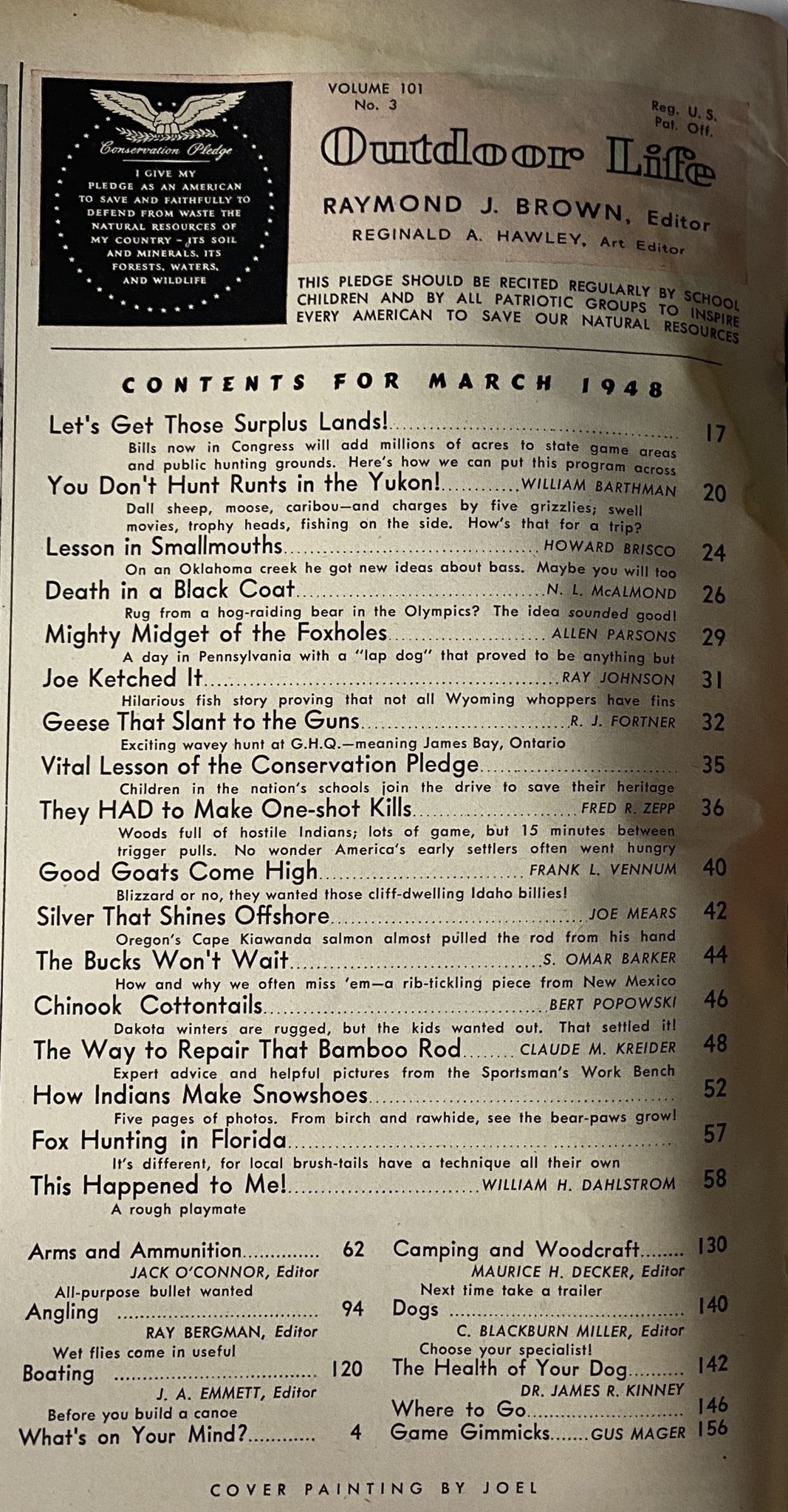 Cover page of 'Outdoor Life Magazine March 1948' featuring contents and articles such as hunting and fishing narratives. Cover painting by Joel.