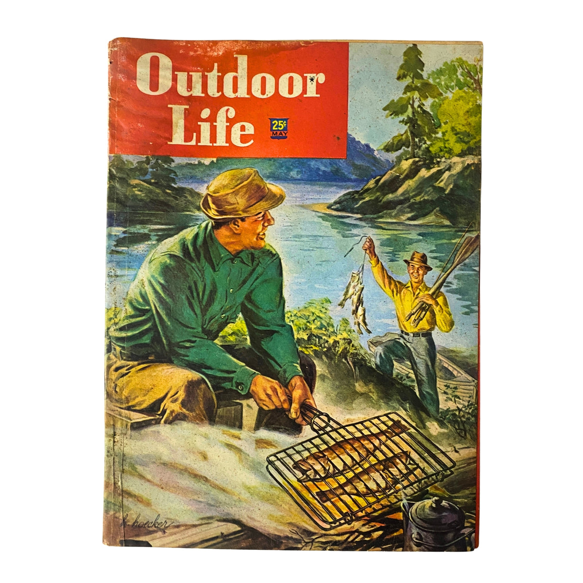 Cover of Outdoor Life Magazine May 1948 featuring a vibrant painting by H. Hoecker, depicting a man grilling fish by a lake while another man catches fish in the background.
