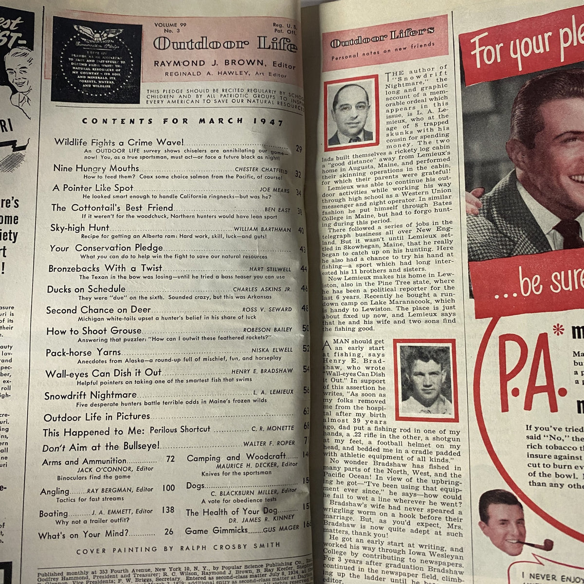 Interior page of Outdoor Life Magazine March 1947 showcasing the contents section, with articles listed and a classic mid-century design.