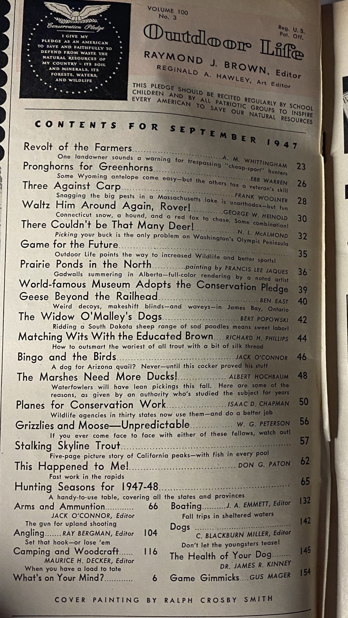 Table of contents page from Outdoor Life Magazine, September 1947, listing articles such as 'Revolt of the Farmers' and 'Pronghorns for Greenhorns'.