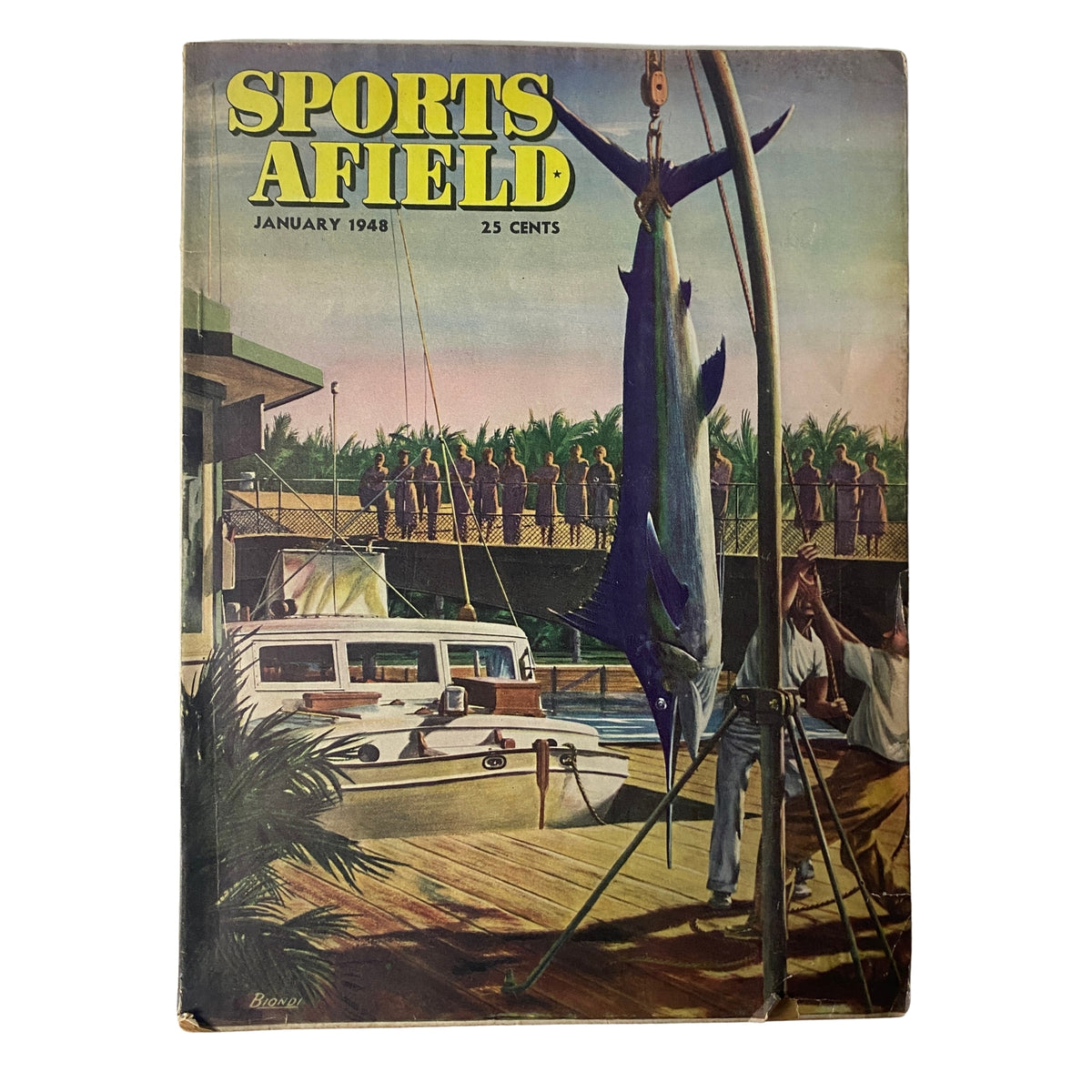 Cover of Sports Afield Magazine January 1948 featuring a vibrant painting by Reno Biondi, showcasing a large fish catch with a fishing boat in the background.