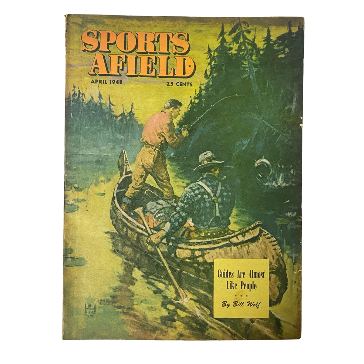 Cover of Sports Afield Magazine, April 1948, featuring the title 'Guides Are Almost Like People' by Bill Wolf, depicting an outdoor scene with a fisherman in a canoe.