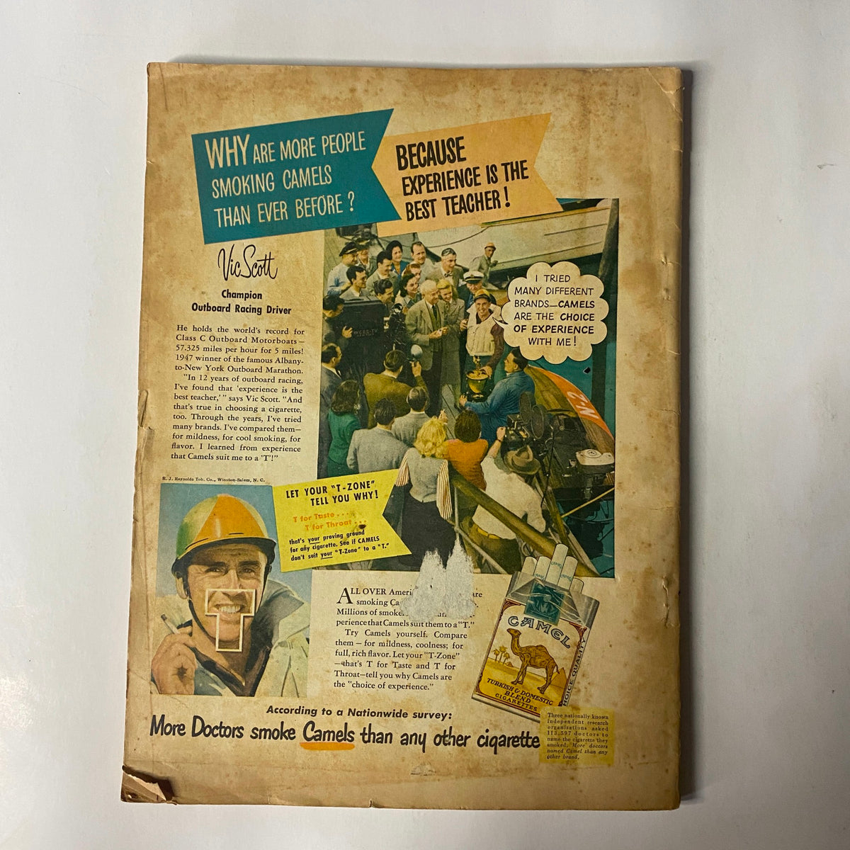 Back cover of Sports Afield Magazine April 1948 featuring a vintage advertisement for Camels, promoting smoking with the tagline 'Because experience is the best teacher!' The magazine showcases themes of outdoor recreation and sporting culture.