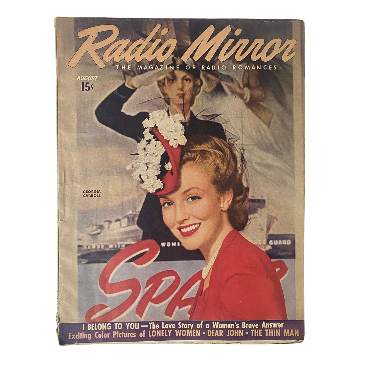Cover of Radio Mirror Magazine August 1943 featuring Georgia Carroll, showcasing vibrant color portrait and wartime radio themes.