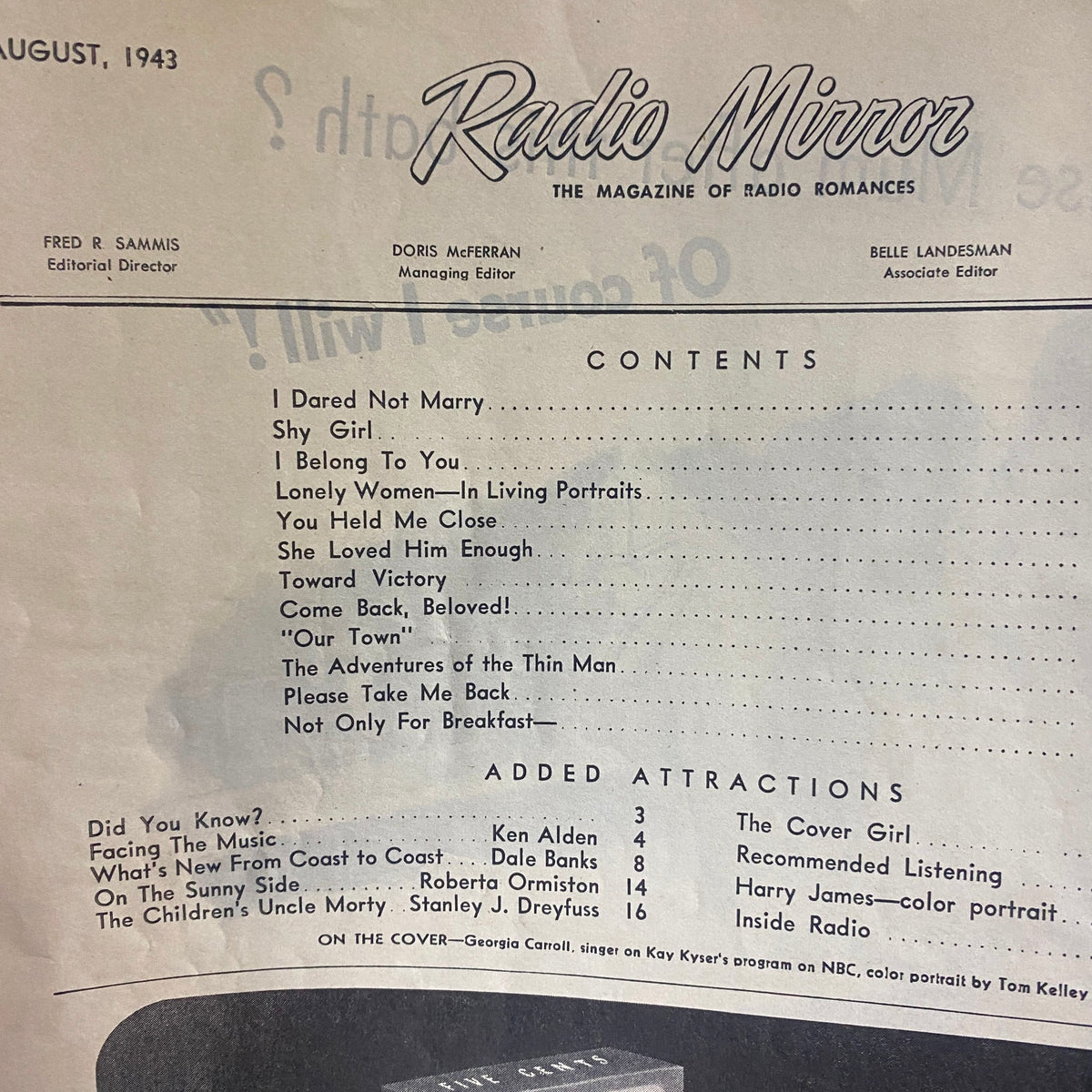 Contents page of Radio Mirror Magazine August 1943, listing featured articles and sections, emphasizing storytelling and radio profiles.