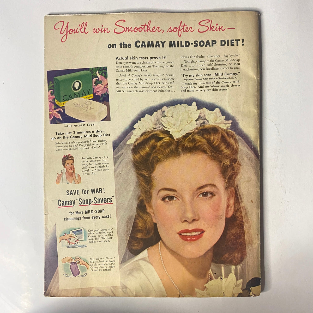 Cover image of Radio Mirror Magazine from August 1943 featuring Georgia Carroll, highlighting a vintage advertisement for Camay Mild-Soap with the slogan 'You'll win smoother, softer skin – on the Camay Mild-Soap Diet.'