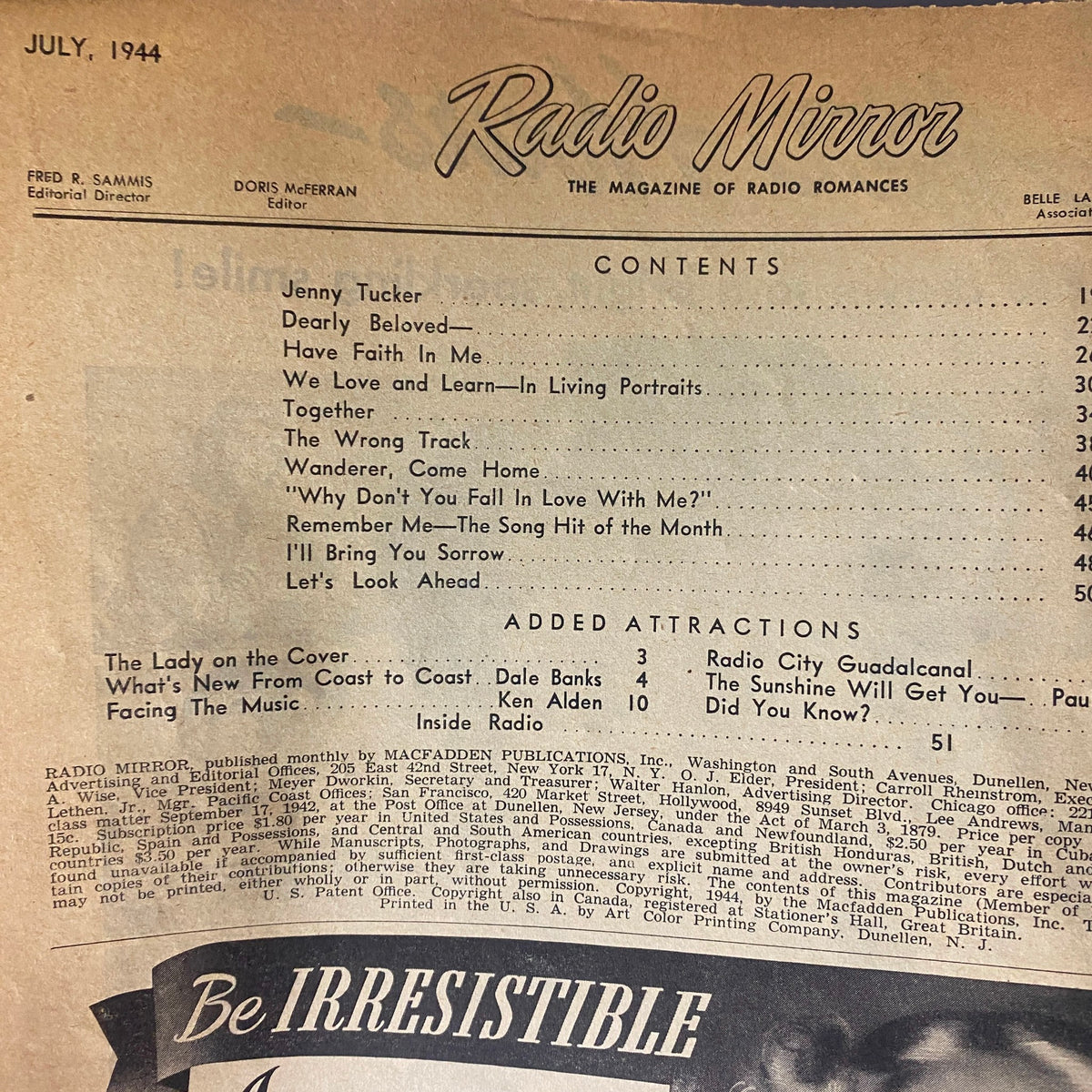 Contents page of Radio Mirror Magazine, July 1944, listing articles such as 'Jenny Tucker,' 'Dearly Beloved,' and 'The Lady on the Cover.'