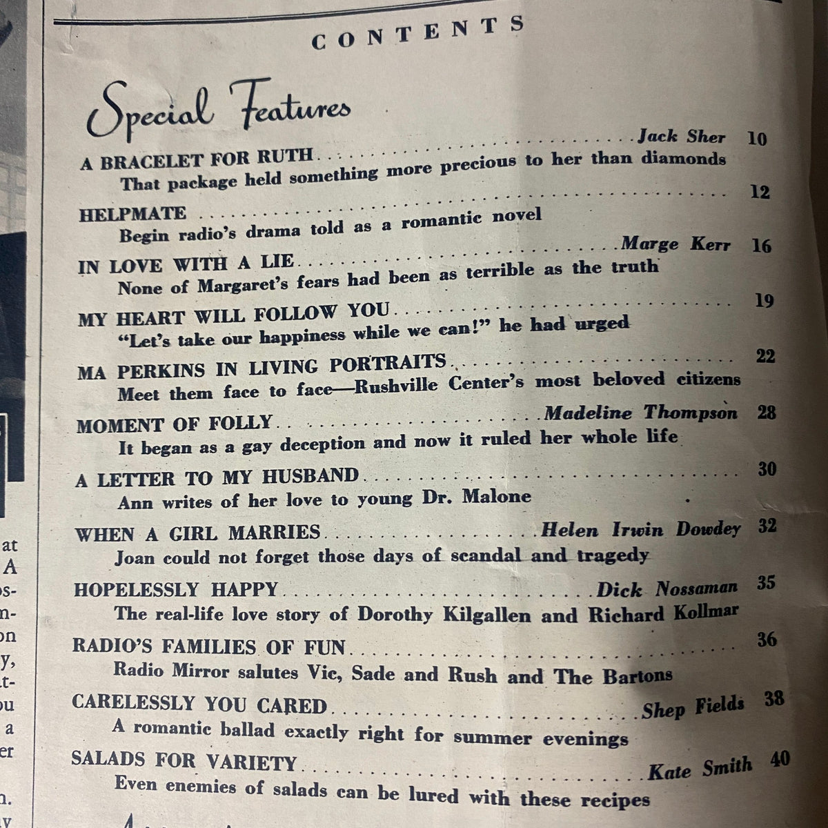 Contents page of Radio and TV Mirror Magazine August 1942 titled 'United We Stand', featuring story titles and authors including 'A Bracelet for Ruth' by Jack Sher, 'Helpmate' by Marge Kerr, and 'My Heart Will Follow You'. This vintage magazine highlights American entertainment during World War II.