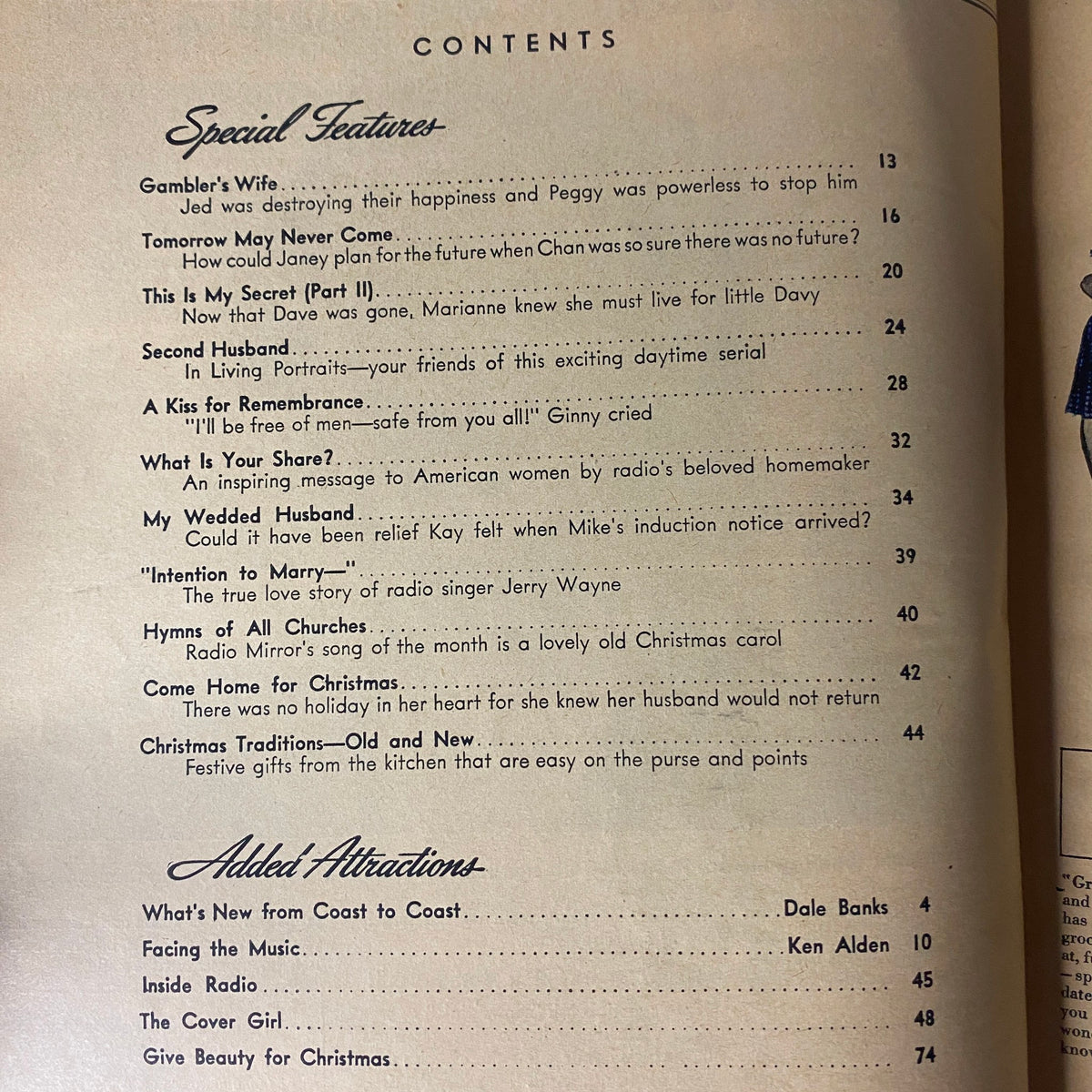 Table of Contents from Radio Mirror Magazine January 1944, outlining special features and articles including Gambler's Wife and Tomorrow May Never Come.