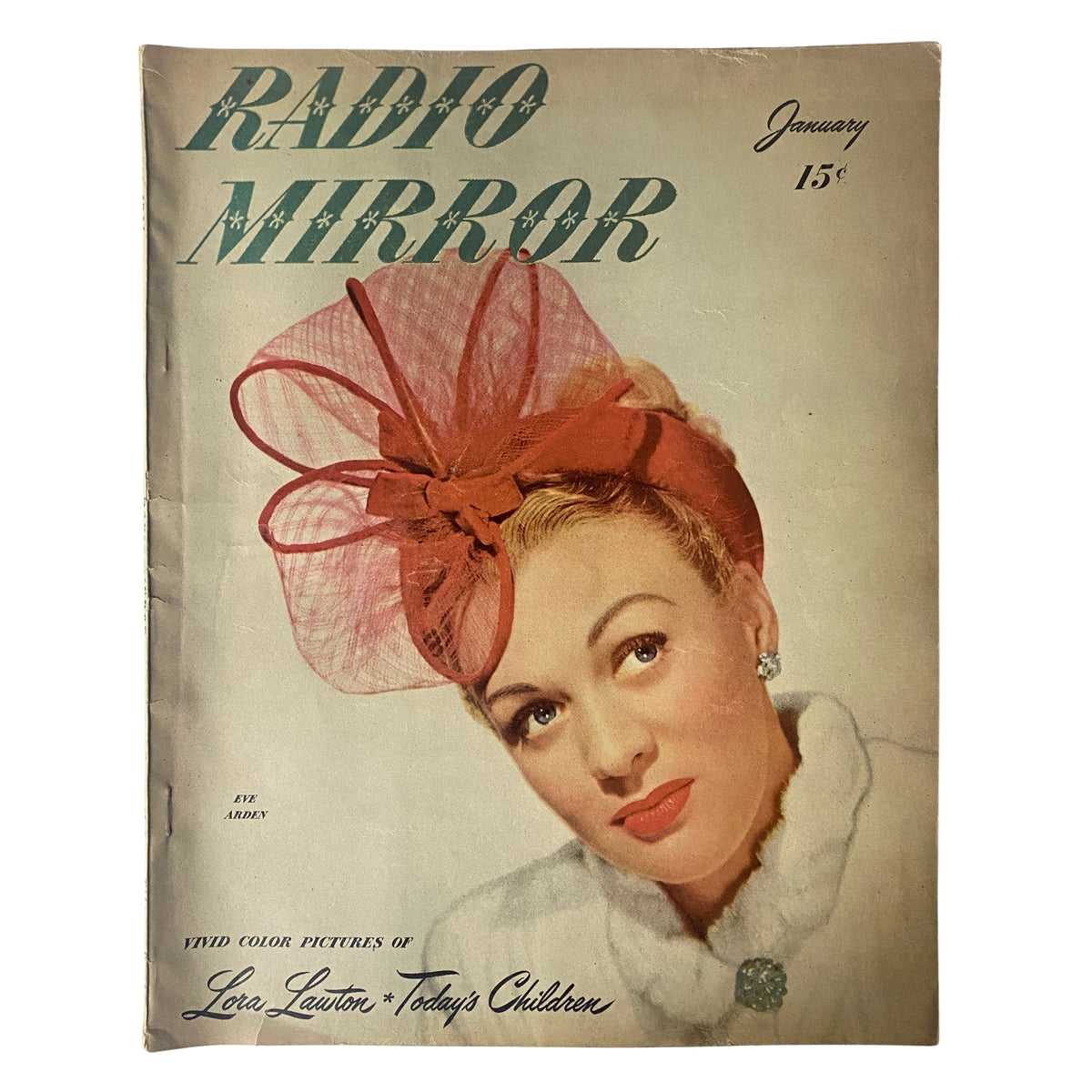 Cover of Radio Mirror Magazine January 1947 featuring Eve Arden, showcasing a vintage illustration with a vivid color portrait and a stylish hat.