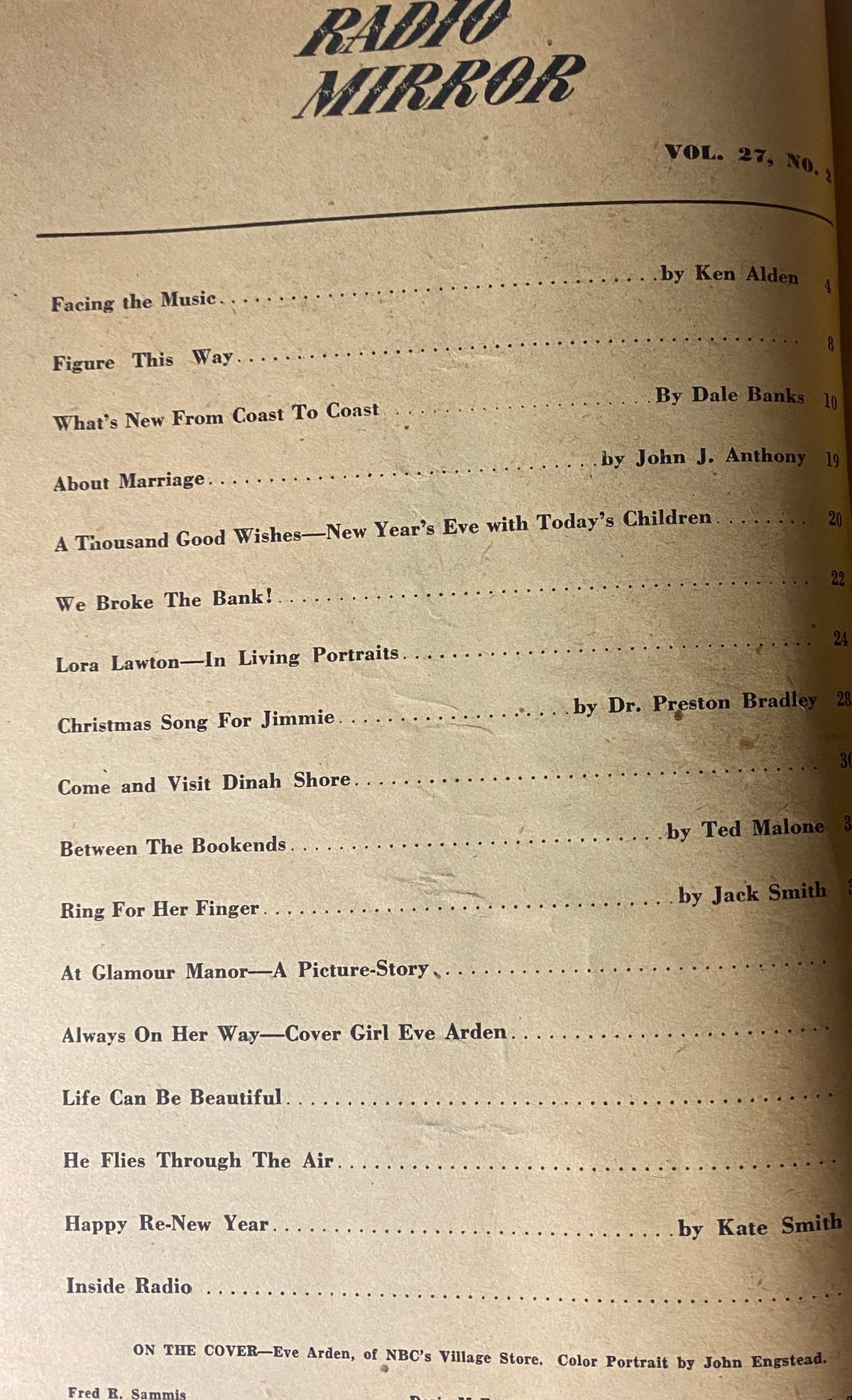 Table of contents from Radio Mirror Magazine January 1947, listing articles such as 'Facing the Music' and 'Always On Her Way' featuring Eve Arden.