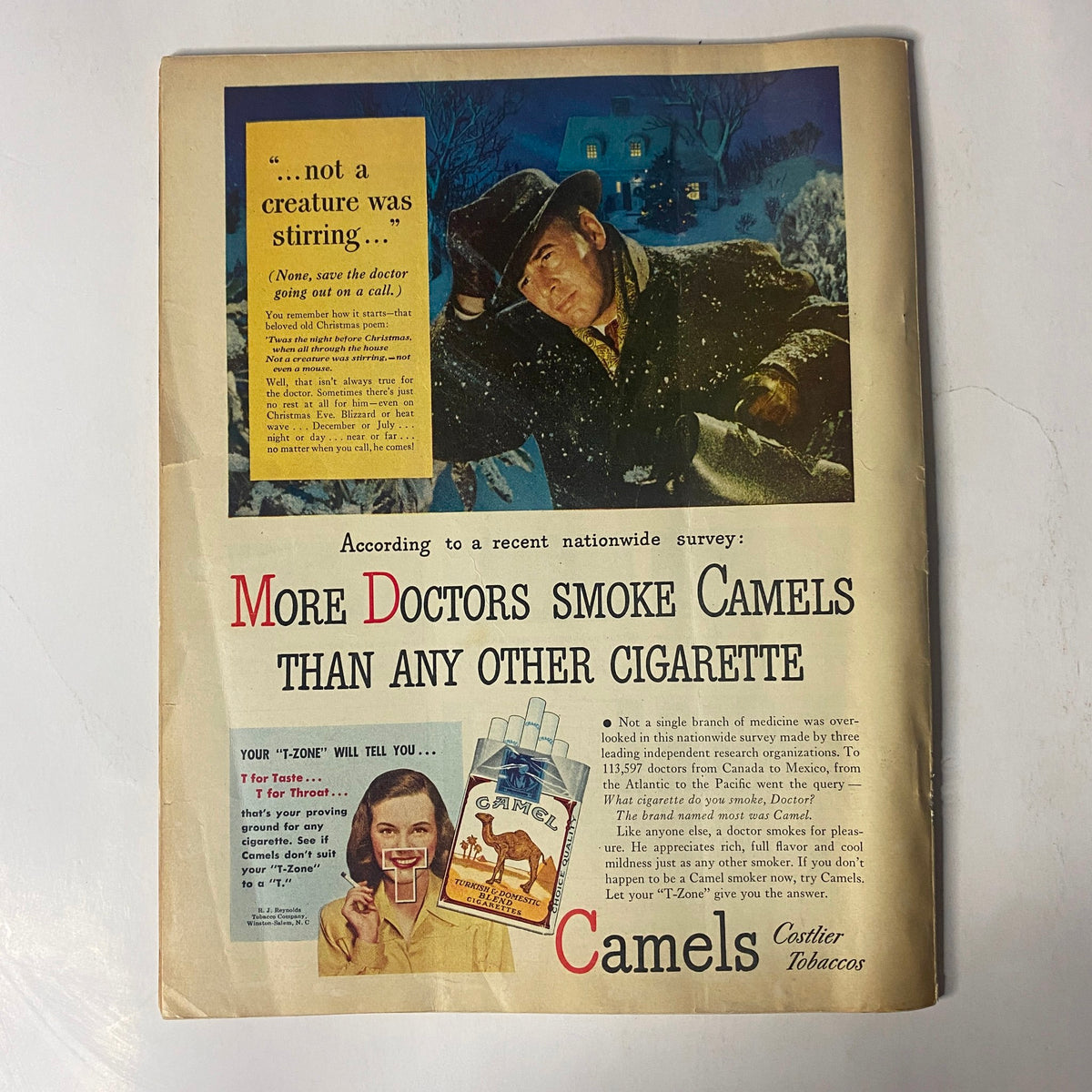 Back cover of Radio Mirror Magazine January 1947 featuring a vintage advertisement for Camels Cigarettes, depicting a man in a hat in a snowy scene.