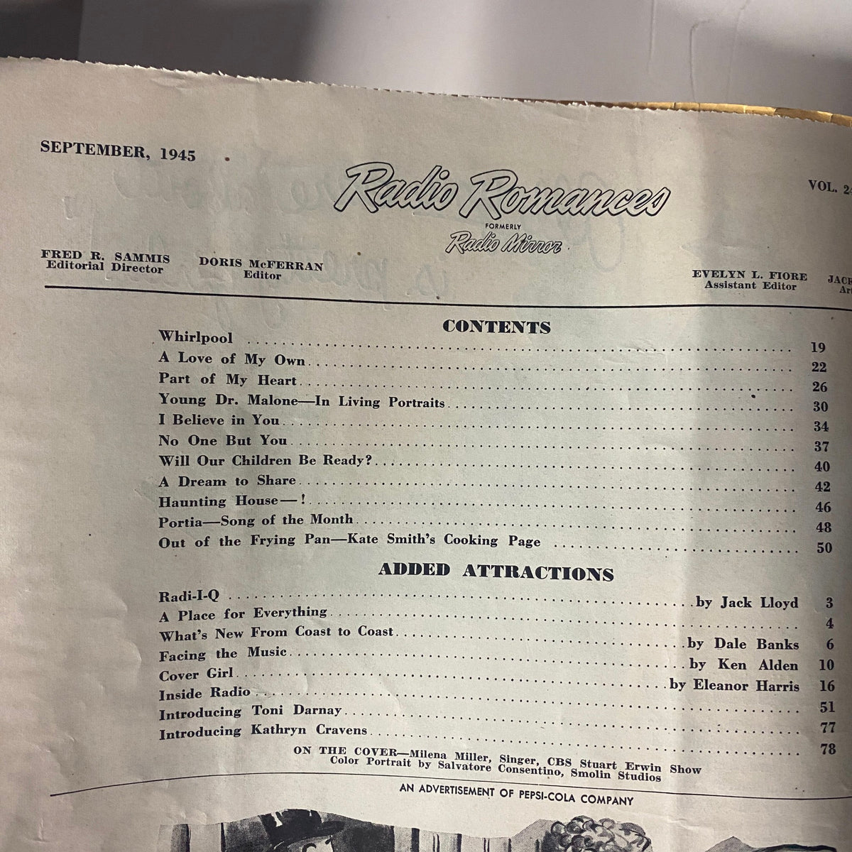 Table of contents page from Radio Romances Magazine September 1945 featuring articles like 'Whirlpool' and 'A Love of My Own'.