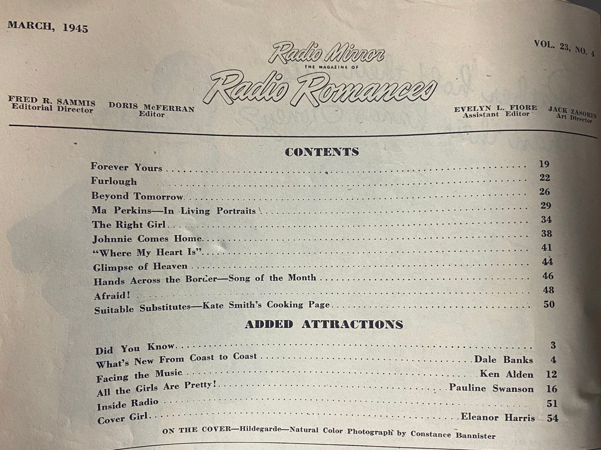 Table of Contents from Radio Romances Magazine March 1945, listing stories and features including 'Forever Yours' and 'Ma Perkins—In Living Portraits'.
