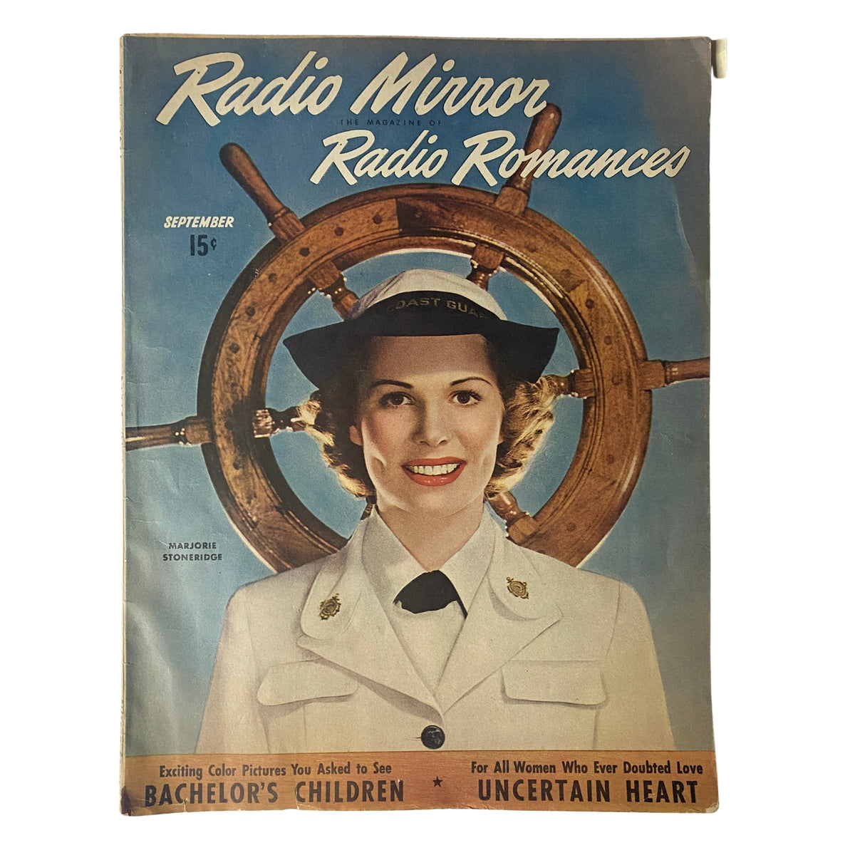Cover of Radio Romances Magazine – September 1944 featuring Marjorie Stoneridge, showcasing a smiling woman in a naval uniform against a nautical background.