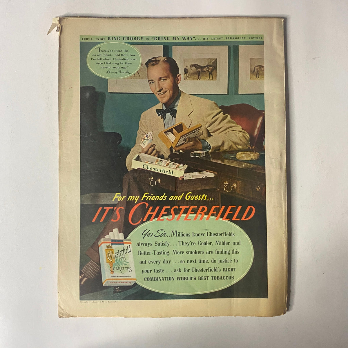Back cover of Radio Romances Magazine – September 1944, an advertisement for Chesterfield cigarettes featuring a dapper man in a suit.