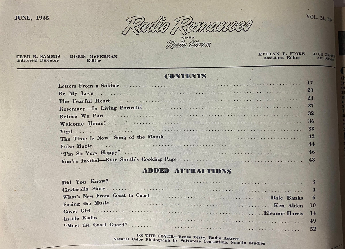 Table of Contents from Radio Romances Magazine June 1945 detailing stories and features including 'Letters From a Soldier' and 'Vigil'.