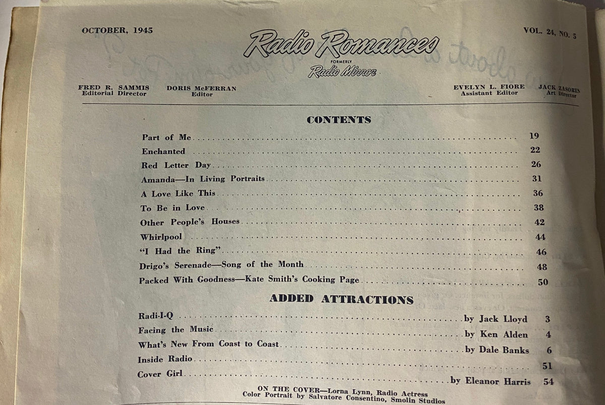 Table of contents from Radio Romances Magazine, October 1945, featuring stories like 'Part of Me', 'Enchanted', and 'Red Letter Day', highlighting the magazine's vintage appeal from the post-World War II era.