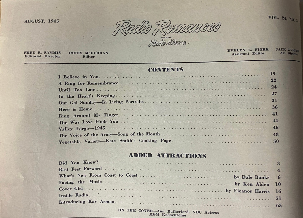 Table of contents page from Radio Romances Magazine, August 1945 edition, listing featured stories and articles including 'I Believe in You' and 'Our Gal Sunday'.