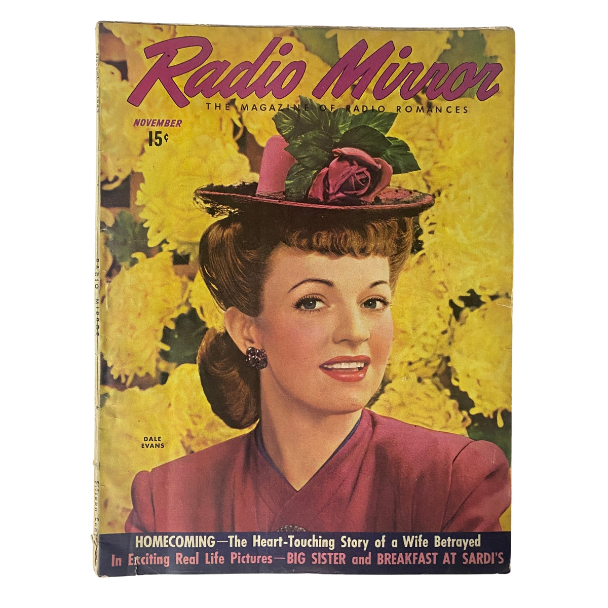 Radio Mirror Magazine cover for November 1943 features Dale Evans with a floral hat, highlighting romantic stories and radio programs.