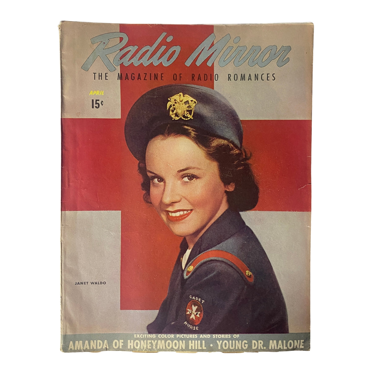 Radio Mirror Magazine April 1944 featuring Janet Waldo on the cover in a military uniform, highlighting World War II-era entertainment with stories and romantic features.