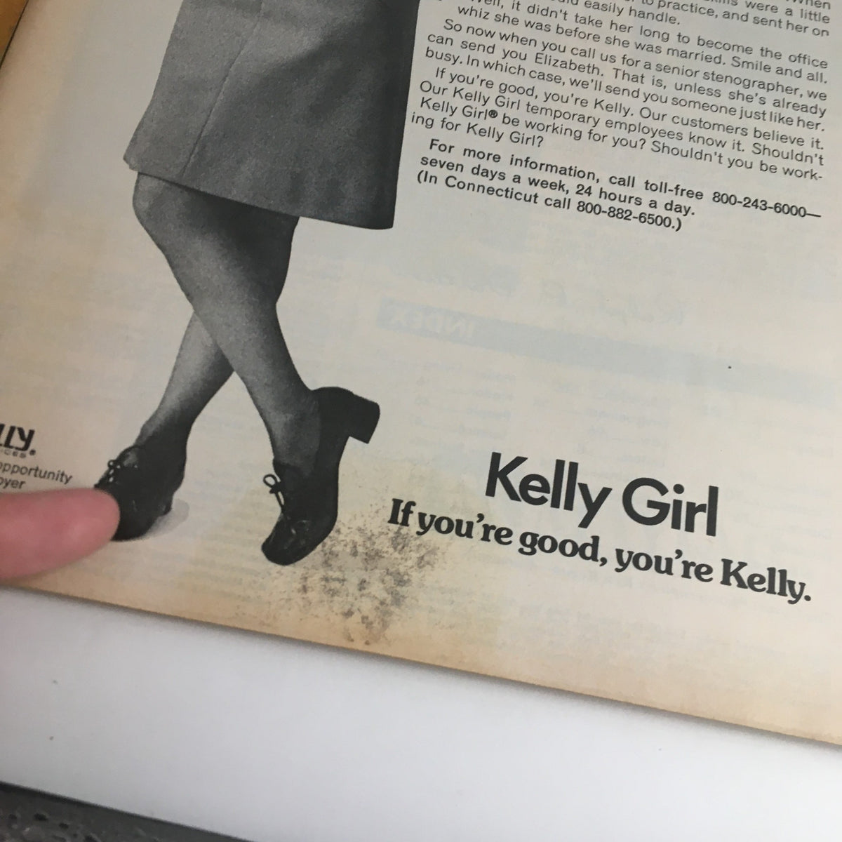 An advertisement from Time Magazine June 11 1973 showcasing a woman in a gray skirt and black shoes with a Kelly Girl slogan, highlighting employment opportunities.