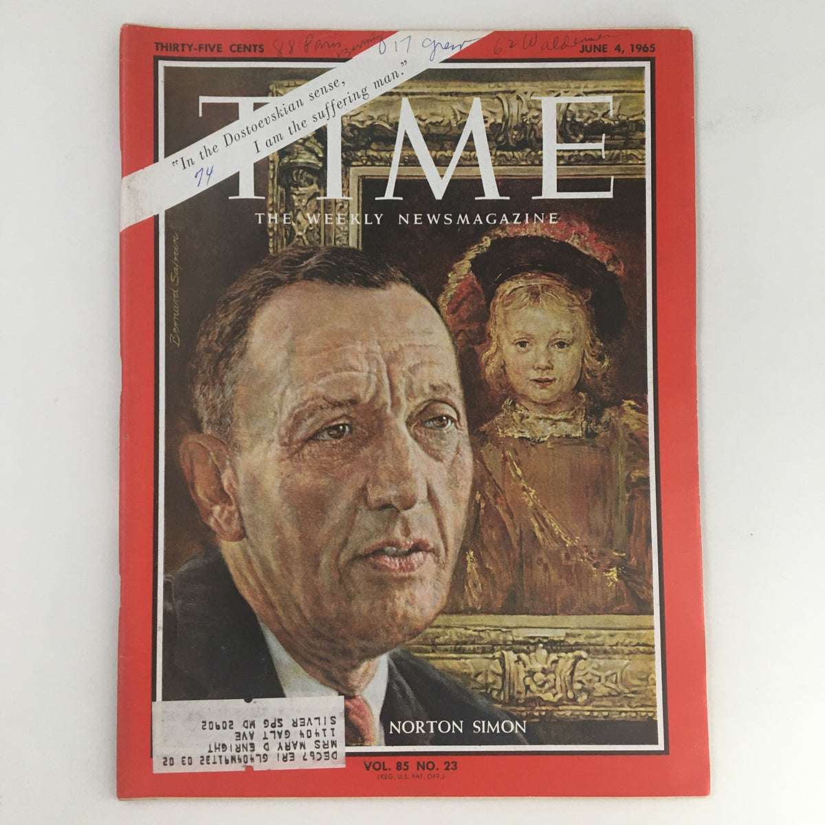 Cover of Time Magazine June 4 1965, Vol. 85 No. 23, featuring industrialist Norton Simon and a child portrait, showcasing vintage magazine history.