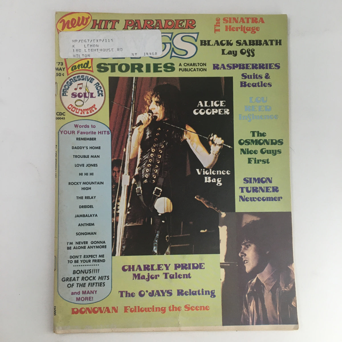 Cover of Hit Parader Magazine May 1973 No. 106 featuring Alice Cooper, Charley Pride, and Simon Turner. The cover displays vibrant text and images related to rock music of the 70s.