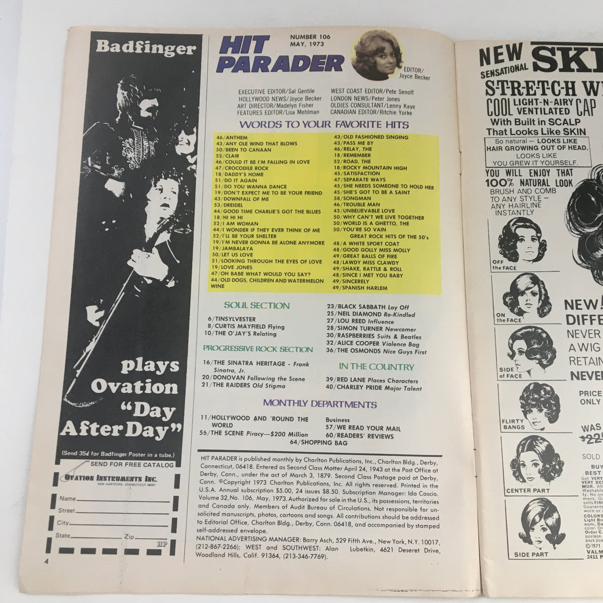 Inside page of Hit Parader Magazine May 1973 No. 106, featuring a list of songs and articles, including mentions of Badfinger and various music genres.
