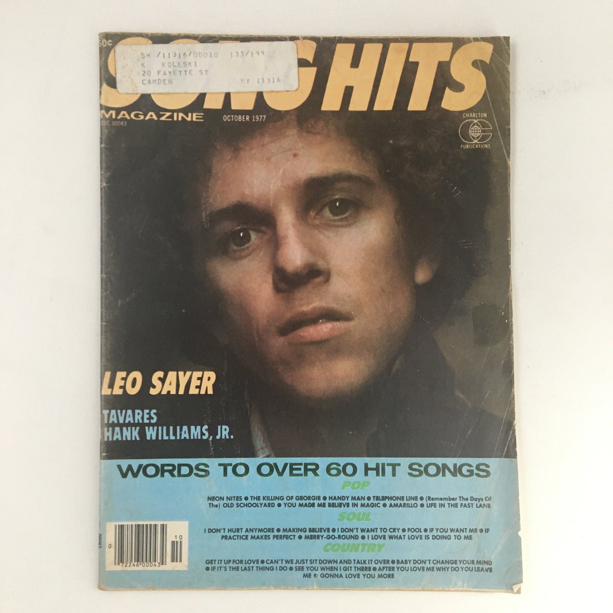 Cover of Song Hits Magazine October 1977 featuring Leo Sayer, Tavares, and Hank Williams Jr. with the title prominently displayed.