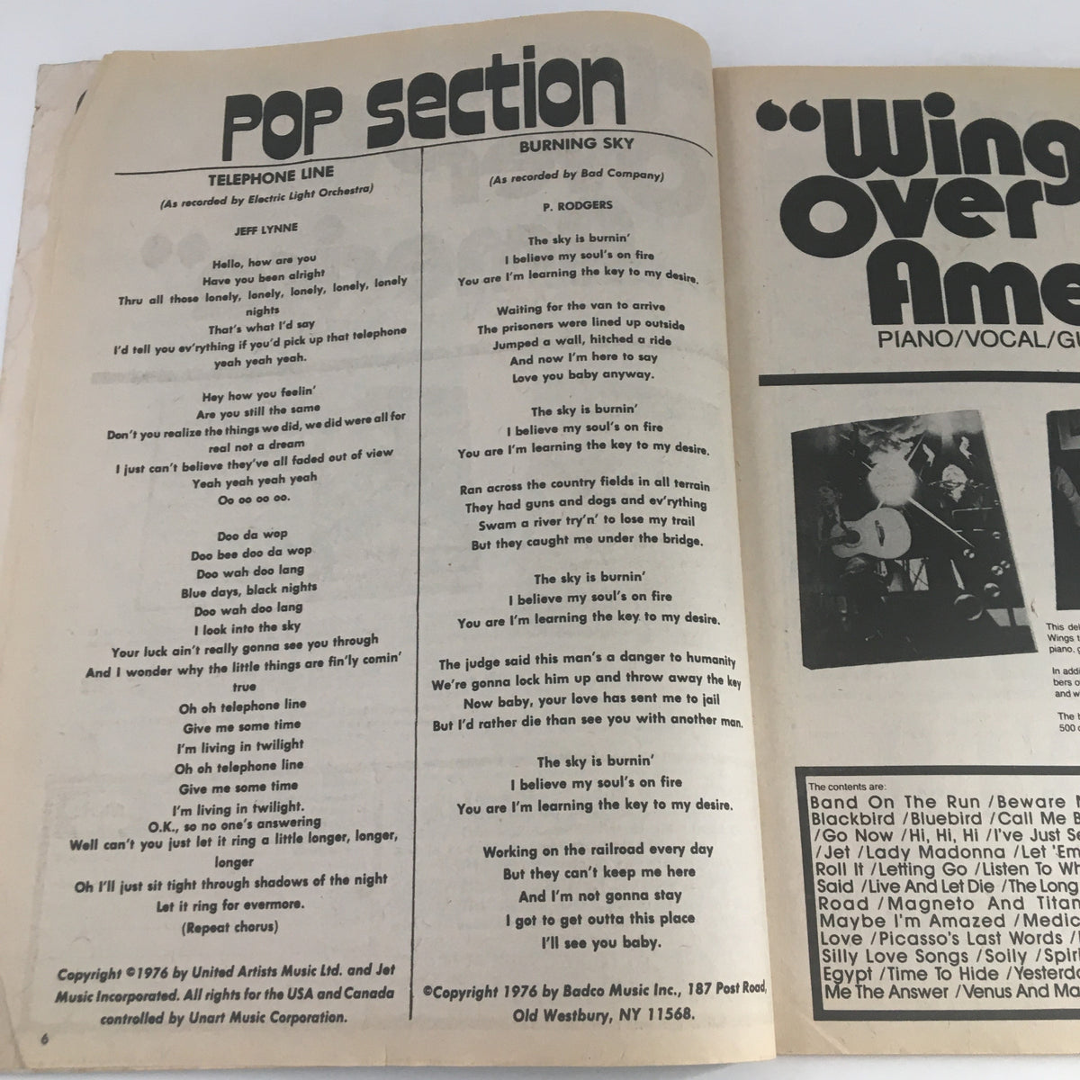 Inside page of Song Hits Magazine October 1977 featuring song lyrics in the Pop Section, including 'Telephone Line' by Jeff Lynne and 'Burning Sky' by Bad Company.