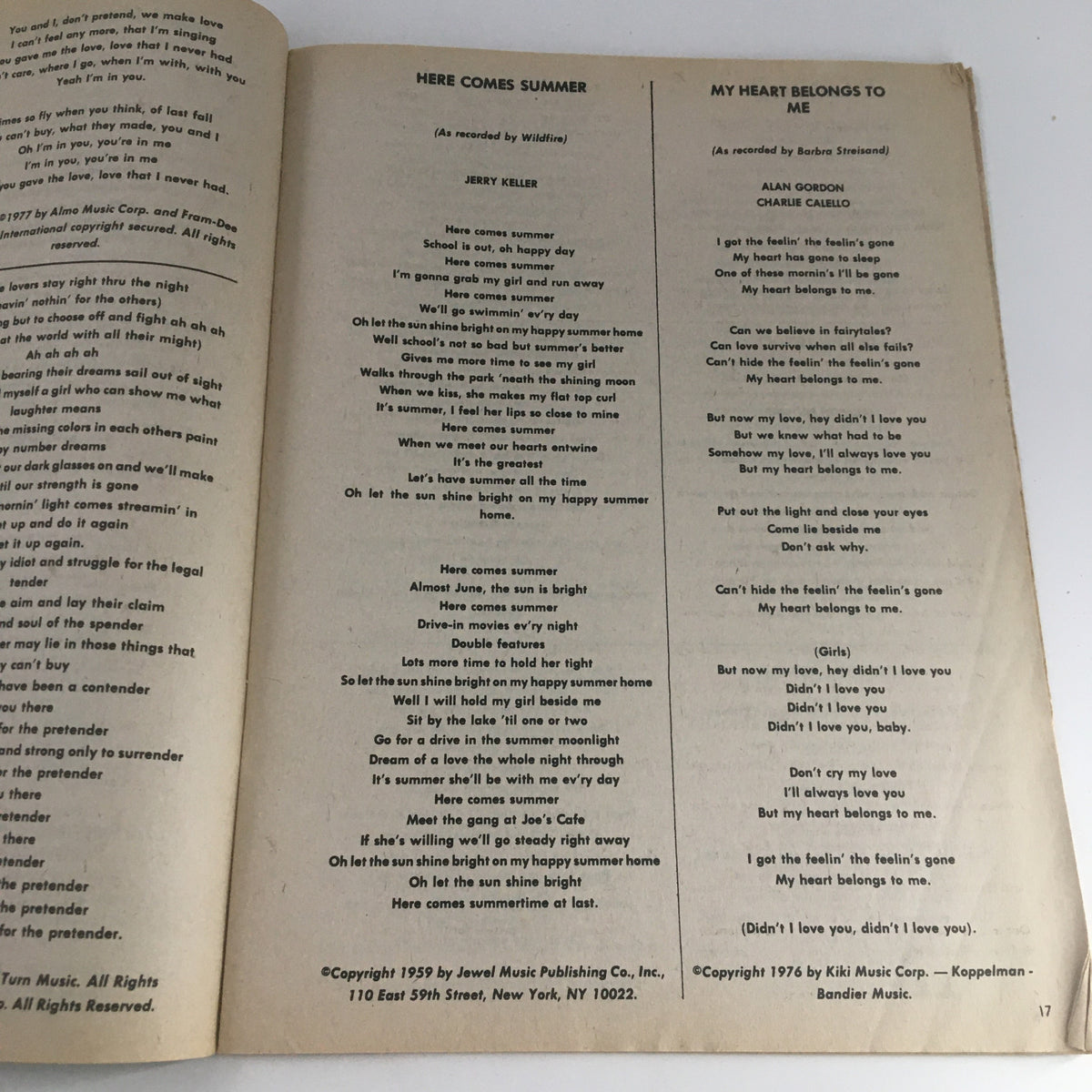Continuation of the Pop Section from Song Hits Magazine October 1977, showcasing lyrics for 'Here Comes Summer' by Jerry Keller and 'My Heart Belongs to Me' by Barbra Streisand.