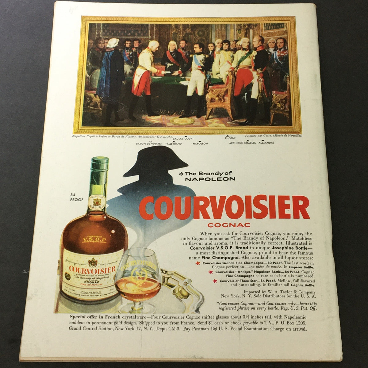 Back cover of VTG Gourmet The Magazine of Good Living November 1956 featuring an advertisement for Courvoisier Cognac, showcasing historical figures and branding elements from that era.