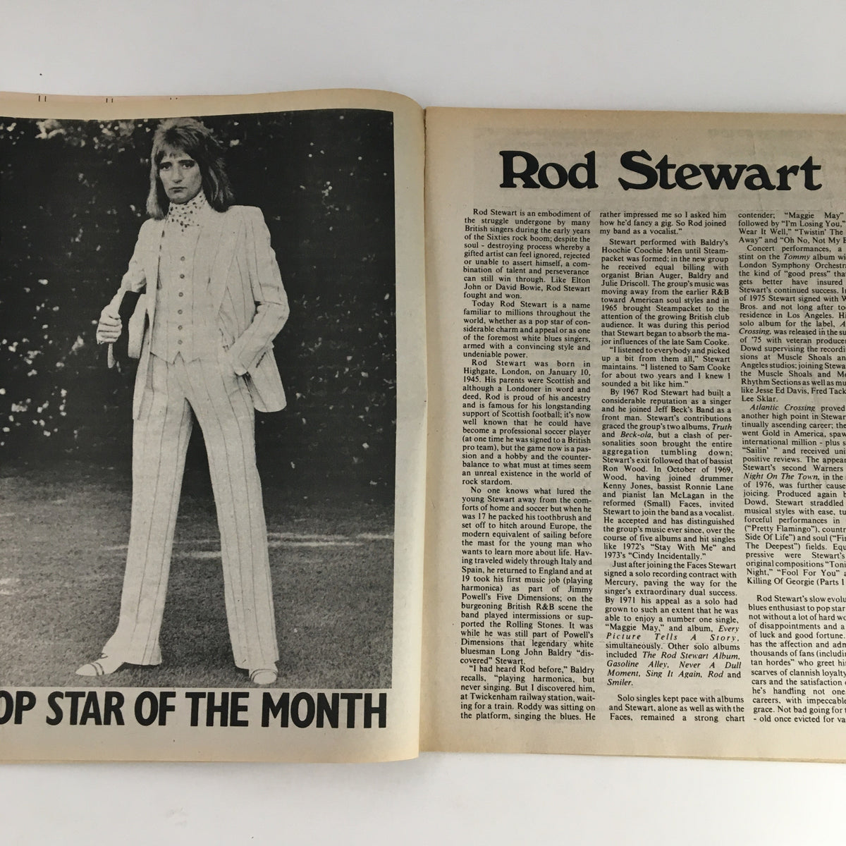 Rod Stewart featured article in Song Hits Magazine April 1977 detailing his music career and impact on the industry.