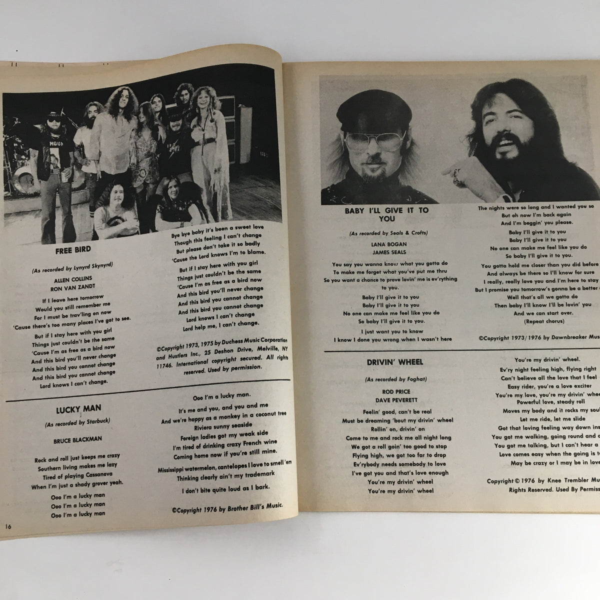 Pages from Song Hits Magazine April 1977 featuring lyrics and songs from popular artists of the 1970s, including 'Free Bird' by Lynyrd Skynyrd.