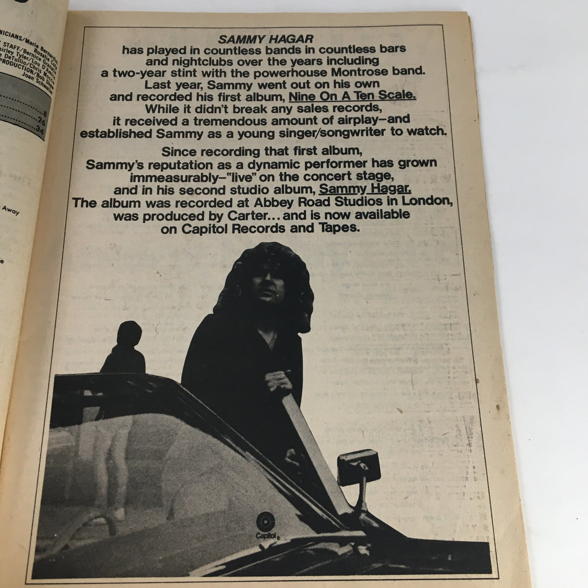 Sammy Hagar feature article in Song Hits Magazine July 1977, detailing his music career and album 'Nine On A Ten Scale'.