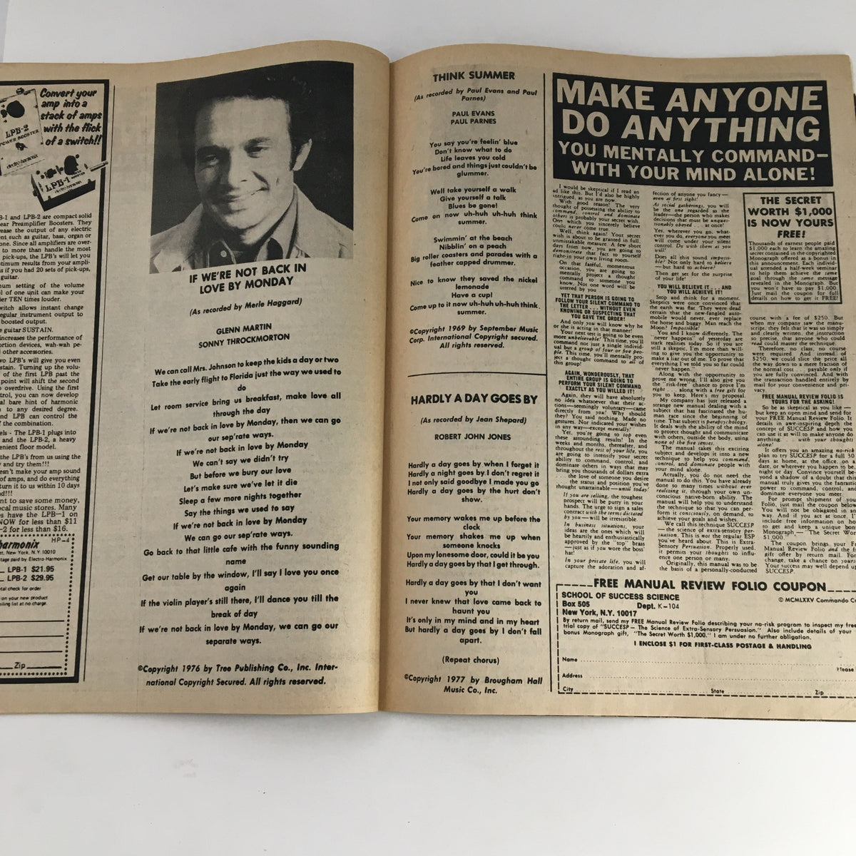 Interior page of Song Hits Magazine August 1977 featuring Glenn Martin's 'If We're Not Back in Love by Monday' lyrics and articles on popular songs.
