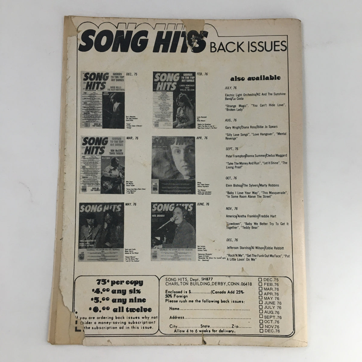Back cover of Song Hits Magazine August 1977 displaying a list of previous issues and notable artists with a vintage advertisement format.