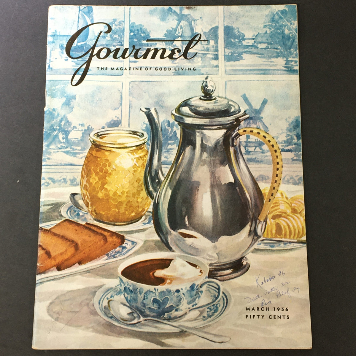Cover of VTG Gourmet The Magazine of Good Living March 1956 featuring a silver coffee pot, honey jar, and cup of coffee with dessert, showcasing culinary elegance.