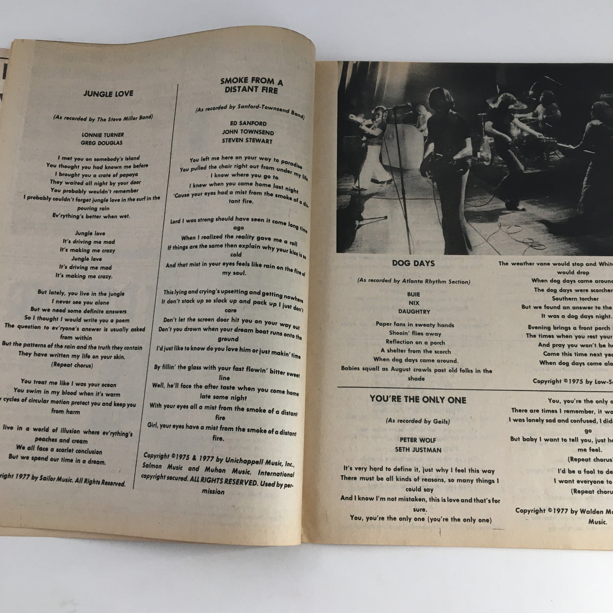 Song Hits Magazine December 1977 displaying music lyrics, including 'Jungle Love' by Steve Miller Band, along with 'Dog Days' lyrics by Atlanta Rhythm Section.