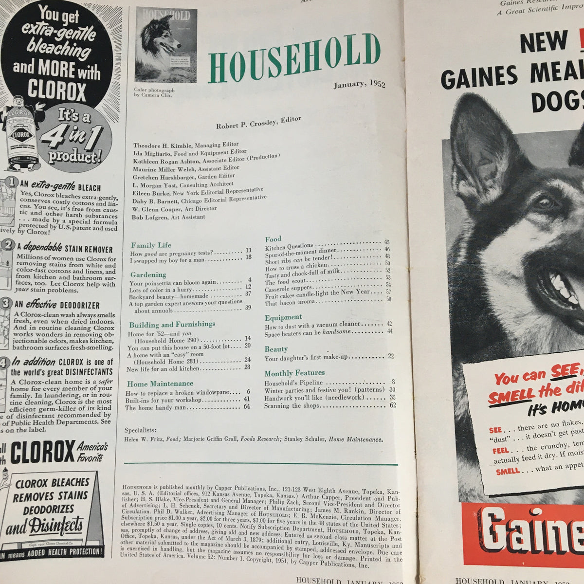 Interior page of Household Magazine January 1952 displaying the table of contents and editor details.