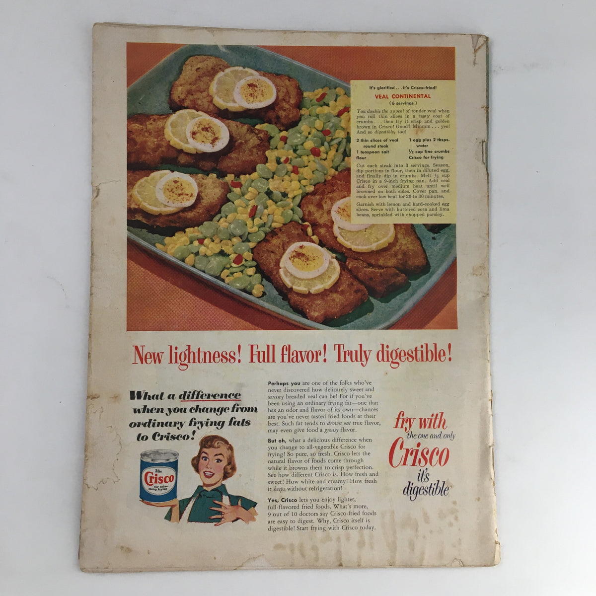 Back cover of Household Magazine January 1952 showcasing a Crisco advertisement with a recipe for Veal Continental, highlighting the benefits of using Crisco for cooking with vintage imagery.