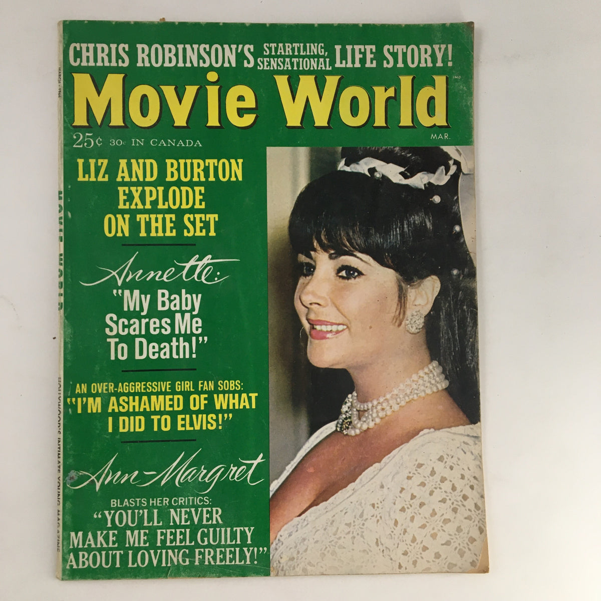 Cover of Movie World Magazine March 1966 featuring Liz Taylor and Richard Burton, highlighting an explosive moment on set.