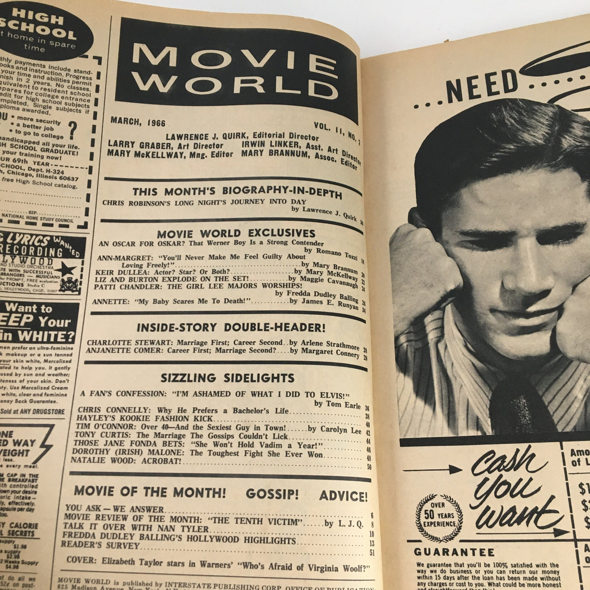 Interior page of Movie World Magazine March 1966 showcasing various articles, including highlights on Liz Taylor and Richard Burton.